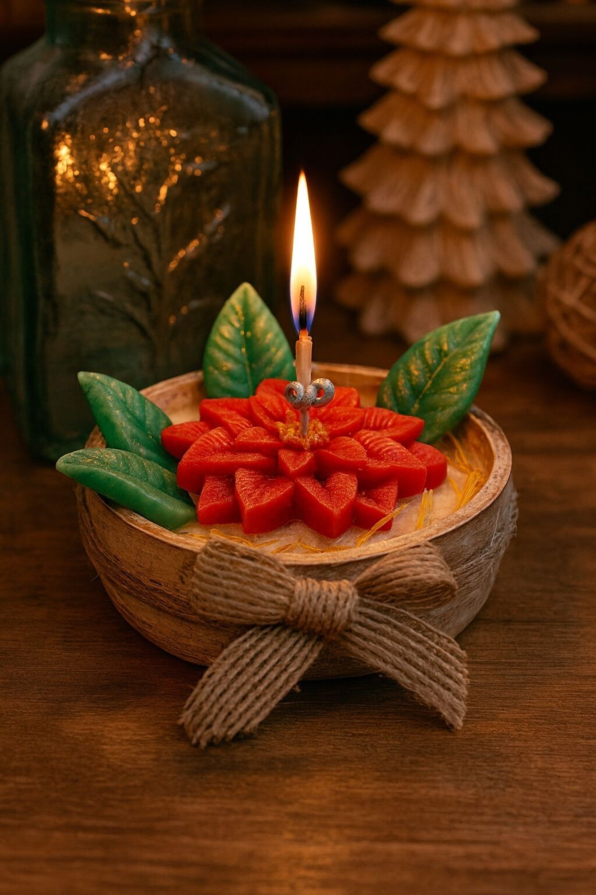 Vela Artesanal Flor de Navidad en Cuenco Rústico - 1