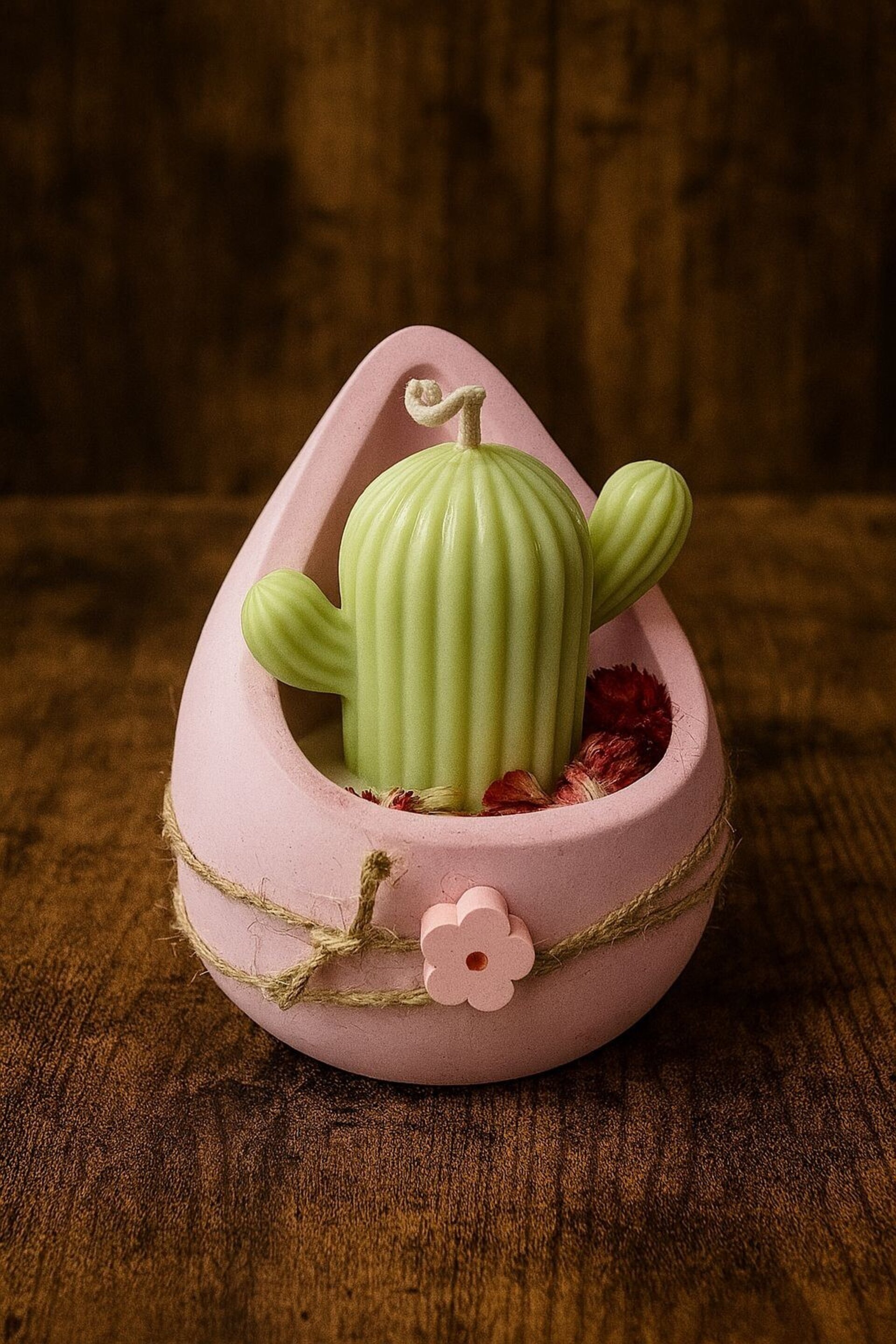 Vela Artesanal Cactus en Base Decorativa - 1